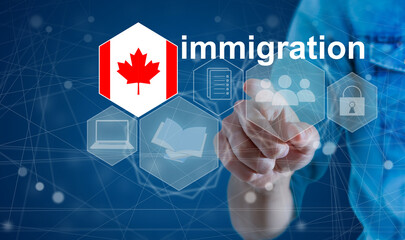 Concept of immigration to Canada with virtual button pressing - obrazy, fototapety, plakaty