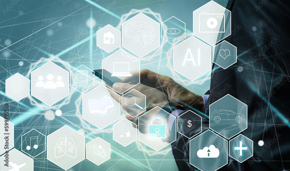 Aufkleber manager technical industrial engineer working and control robotics with monitoring system software a