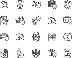 Vector set of insurance line icons. Contains icons insurance medical, travel, car, real estate, family, cargo, insurance policy and more. Pixel perfect.