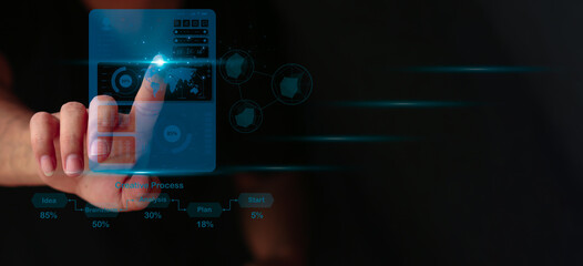 Human showing hologram dashboard icon graph robot icon world map shape futuristic technology transformation chatbot assistant with copy space