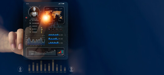 Human showing hologram dashboard icon graph robot icon world map shape futuristic technology transformation chatbot assistant with copy space