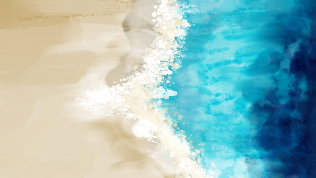 watercolor texture with blue sea and sand beach. view from above. illustration for cards, posters or other design