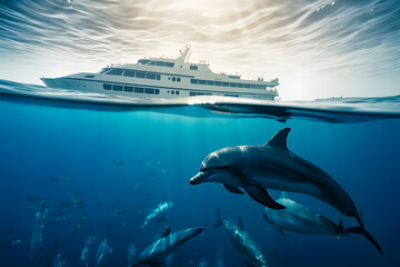 Frisky cheerful dolphins swim underwater, on the surface of an expensive luxury luxury yacht. Generative AI.