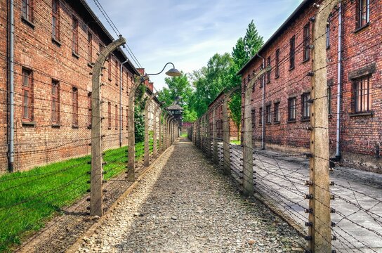 Oswiecim, Poland - May 12, 2016: Masonry blocks and fences with barbed wire in concentration camp Auschwitz-Birkenau in Oswiecim, Poland.