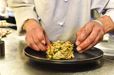 Chef working in busy kitchen preparing meals