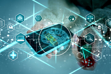 AI (Artificial Intelligence) concept. Electronic circuit. Communication network.