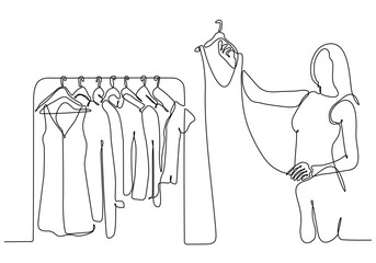 continuous line of woman choosing clothes in shop vector illustration - obrazy, fototapety, plakaty