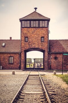 Oswiecim, Poland - May 12, 2016: Main gate in Auschwitz Birkenau in Brzezinka, Poland.