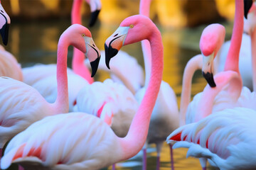 Naklejka premium flamingos are standing in the shallow water. Generative Ai