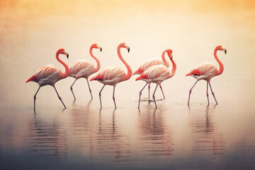 flamingos walking in the water at sunset. Generative Ai