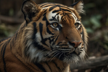 tiger is looking at the camera in the woods. Generative Ai