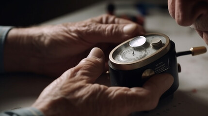 Fototapeta na wymiar elderly man holding a blood pressure monitor. Generative Ai