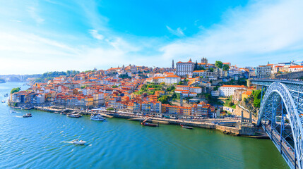 Fototapeta na wymiar Aerial panoramic view of Porto cityscape, iron bridge and douro river