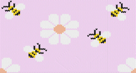 Bee and daisy flower knitting pattern, Festive Sweater Design. Seamless Knitted Pattern