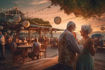 Raamstickers  older couple dancing on a pier at sunset. Generative Ai © PETR BABKIN