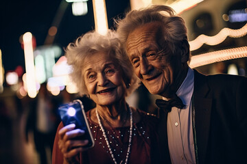  older couple taking a picture with a smart phone. Generative Ai