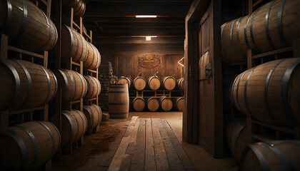 Storage cellar with barrels making wine or whisky bottles. Generation AI