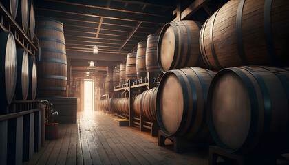 Naklejka na ściany i meble Storage cellar with barrels making wine or whisky bottles. Generation AI