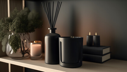 luxurious diffuser with reed sticks in expensive dark interior. Masculine fragrance with smell of wood, sandalwood and black vanilla. Generation AI - obrazy, fototapety, plakaty
