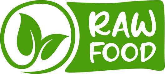Raw food label, Raw food stamp. Grungy green mark square logo for eco-friendly vegetarian meal. 100 percent raw vegan food painted diet badge. Hand drawn label icon isolated vector illustration