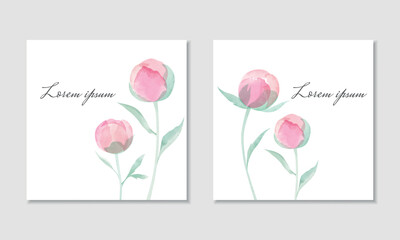Vector square card templates with watercolor peony buds - 599800781