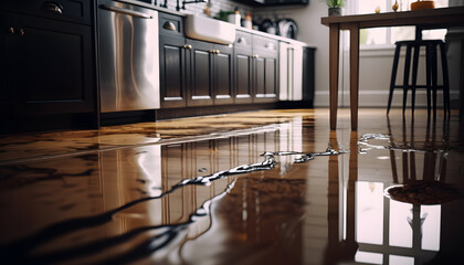 Flooded floor in kitchen from water leak. Damage , Property insurance concept. Generation AI