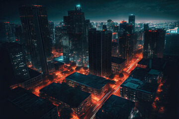 Obraz premium Dark city at night with skyscraper buildings and traffic (Generative AI)