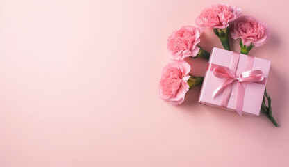Mother's Day design concept - top view of a bunch of carnations, gift box on pink background for wedding and valentines Day with copy space for mock up, copy space