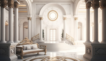 Light luxury royal posh interior in baroque style. White hall with expensive oldstyle furniture. Generation AI