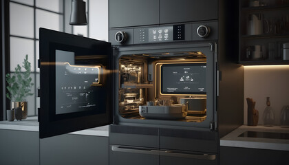 Obraz premium Remote automation home control system on digital tablet, Smart kitchen concept. Generation AI