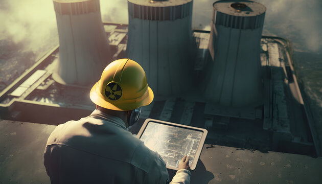 Engineer man checks with computer tablet reactor systems nuclear power plant. Electrical atomic station industry. Generation AI