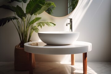 Naklejka na ściany i meble sink leaf green home white bathroom interior design counter tropical clean. Generative AI.