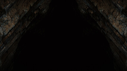 Abstract black background with dark rock texture on the side. Mystical gloomy mountain texture, deep dark cave in the rocks