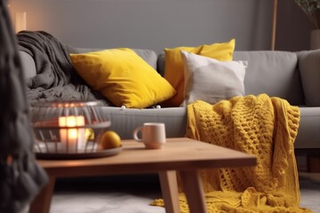 decor sofa pillow modern house couch yellow home interior cushion grey. Generative AI.