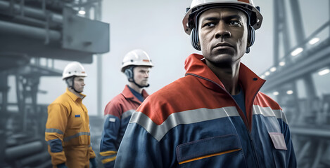 Obraz premium Team worker industry, engineer of Petrochemical oil rig, gas electricity. Generation AI