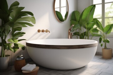 Fototapeta premium clean home design sink tropical leaf green contemporary bathroom white interior. Generative AI.