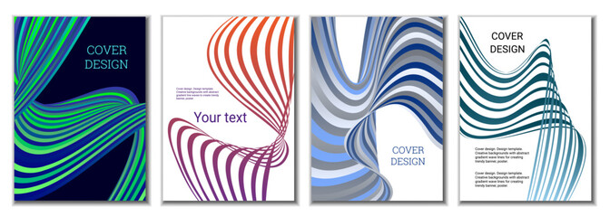 Obraz premium A set of 4 abstract covers. Wavy parallel gradient lines, ribbons evolve. Cover design, background. Trendy banner, poster.