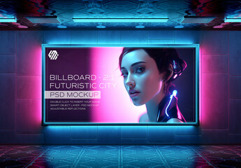 Cyberpunk Panoramic Billboard Mockup in Futuristic City
