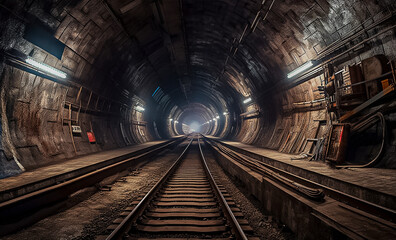 Train tracks go through a tunnel with a light at the end