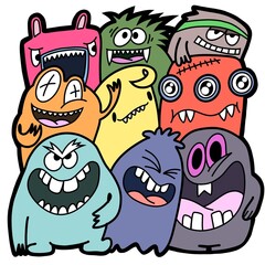 Hand-drawn illustrations, monsters doodle, Hand Drawn cartoon monster illustration,Cartoon crowd doodle hand-drawn Doodle style.