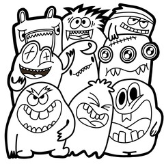 Hand-drawn illustrations, monsters doodle, Hand Drawn cartoon monster illustration,Cartoon crowd doodle hand-drawn Doodle style.black and white stripes coloring  book.