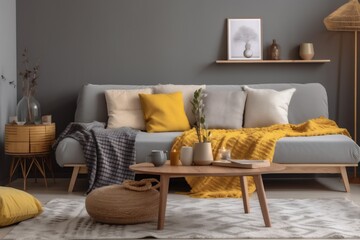 grey modern sofa home cushion armchair decor yellow interior pillow house. Generative AI.