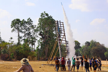 Rocket taking off to the sky in Bun Bang Fai or Rocket festival in Laos. 