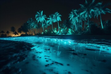 luminous blue palm beach tropical ocean vacation night tree paradise sky. Generative AI.