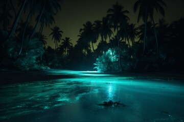 Fototapeta na wymiar paradise beach ocean vacation tree night palm luminous sky blue tropical. Generative AI.