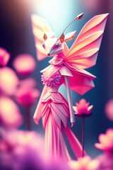 Figure Character from origami. Origami paper art image. Paper woman in pink dress on bokeh background. illustration, generative ai.
