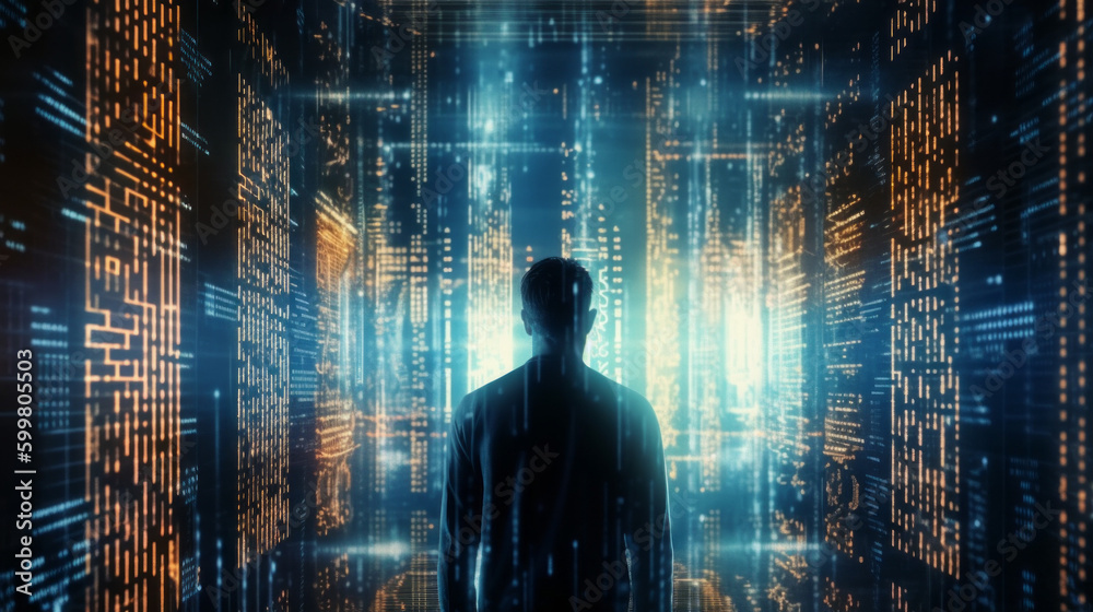Wall mural a man inside a computer or futuristic room with data projected on the walls. cyber awareness, techno