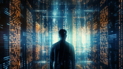 A man inside a computer or futuristic room with data projected on the walls. Cyber awareness, technology and computers. Generative AI.