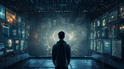 A man inside a computer or futuristic room with data projected on the walls. Cyber awareness, technology and computers. Generative AI.
