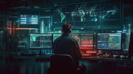 A security expert in front of multiple computer screens in a network operations centre near a server room. Cybersecurity, Cyber awareness training. Generative AI. - obrazy, fototapety, plakaty